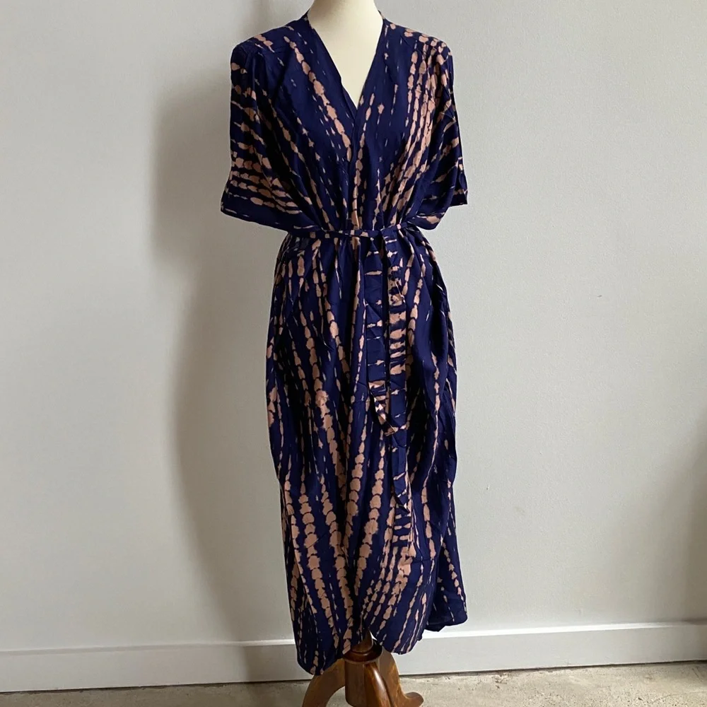 Blue & Peach Long Wrap Dress Kimono - Picture 3 of 11